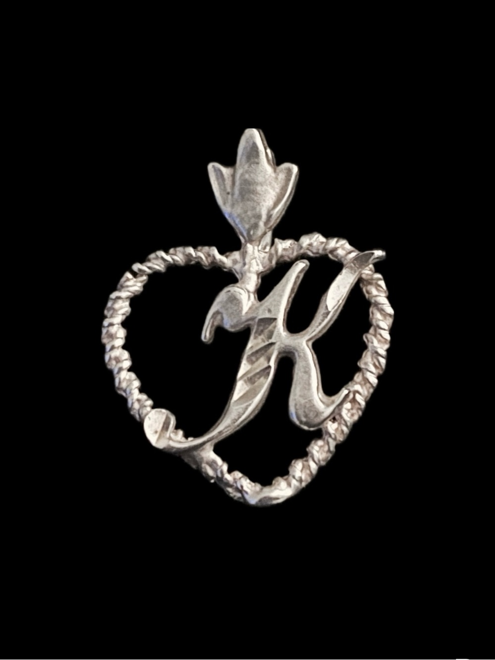 VTG 925 Sterling Silver Cursive Letter “K” Heart Pendant Fleur de Lis Bail NWT